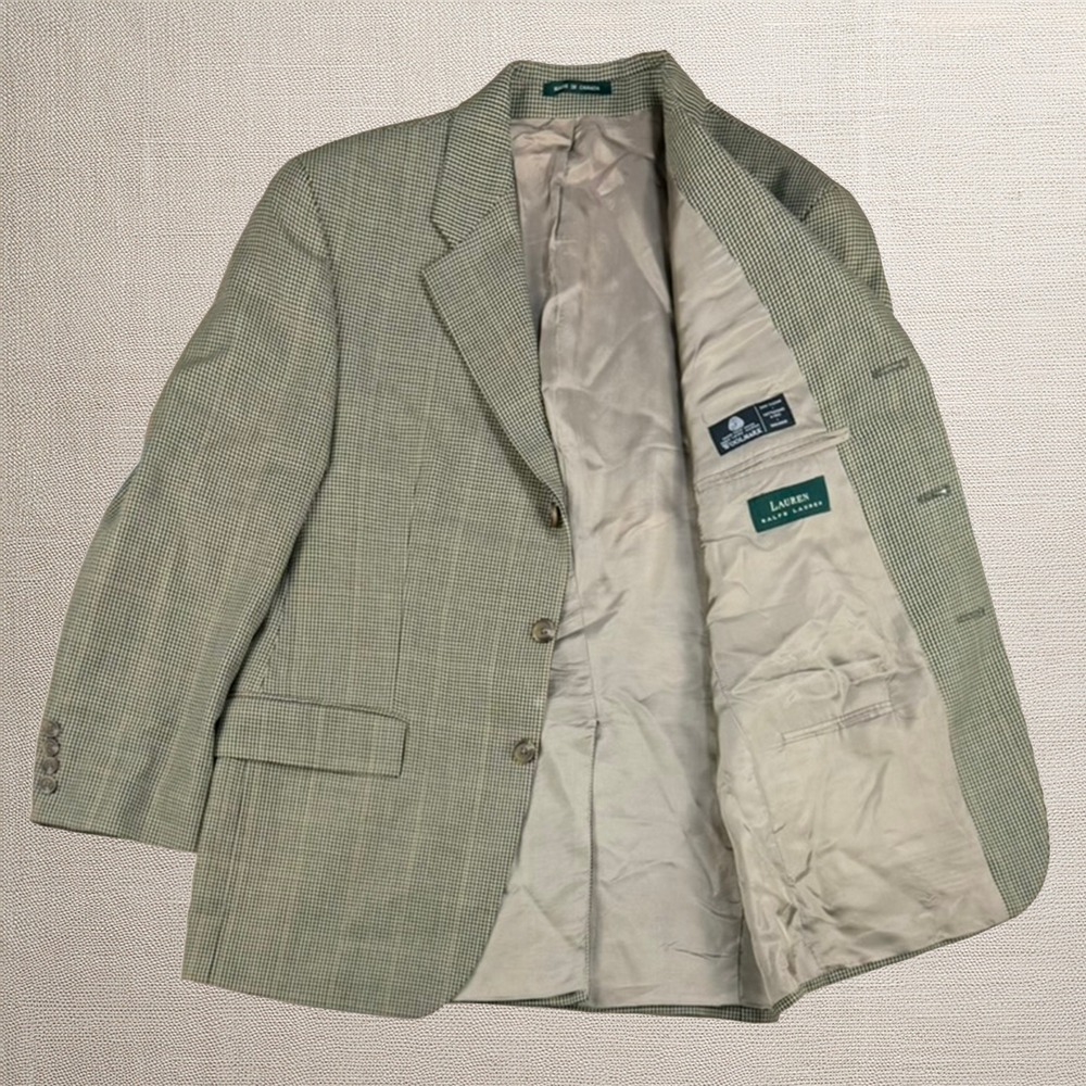 Ralph Lauren Wool Blazer 40S Tan Houndstooth Sportcoat Vintage Career Academic